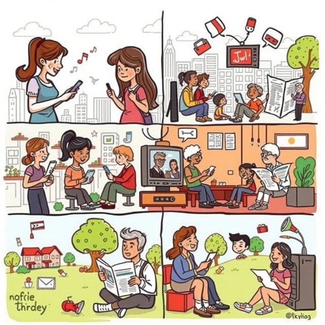 A creative and illustrative sketch depicting various types of media and their effects on everyday life