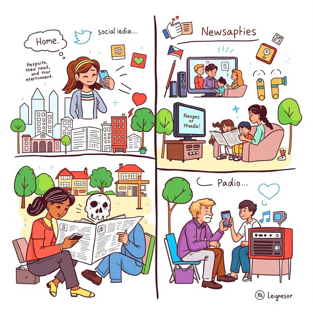 A creative and illustrative sketch depicting various types of media and their effects on everyday life