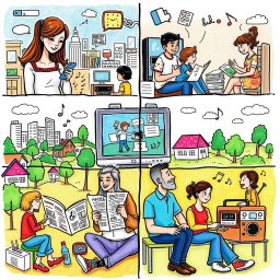 A creative and illustrative sketch depicting various types of media and their effects on everyday life