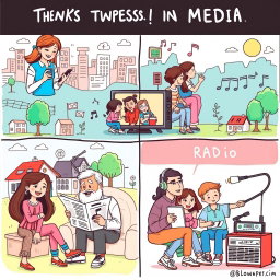 A creative and illustrative sketch depicting various types of media and their effects on everyday life