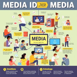 A detailed and engaging infographic-style illustration showcasing different types of media and their impact on daily life