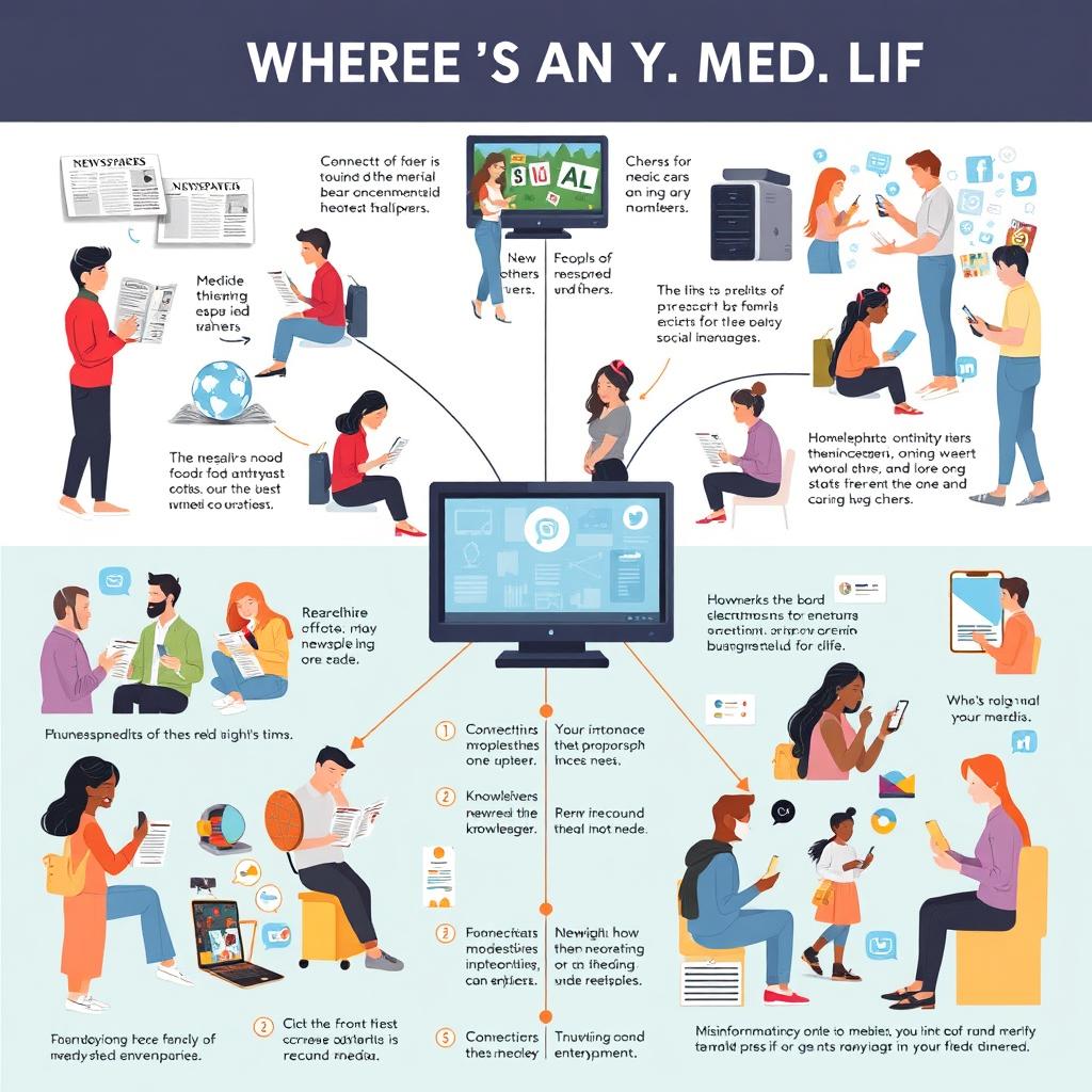 A detailed and engaging infographic-style illustration showcasing different types of media and their impact on daily life