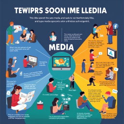 A detailed and engaging infographic-style illustration showcasing different types of media and their impact on daily life