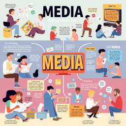 A detailed and engaging infographic-style illustration showcasing different types of media and their impact on daily life