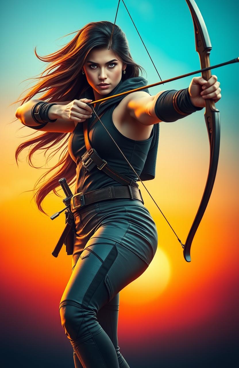 A powerful female archer in a dynamic pose, drawing her bow with confidence