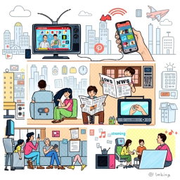 A conceptual drawing depicting how different types of media influence everyday life