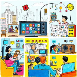 A conceptual drawing depicting how different types of media influence everyday life