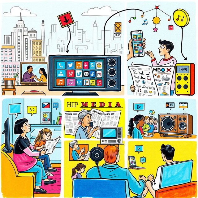A conceptual drawing depicting how different types of media influence everyday life