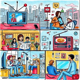 A conceptual drawing depicting how different types of media influence everyday life