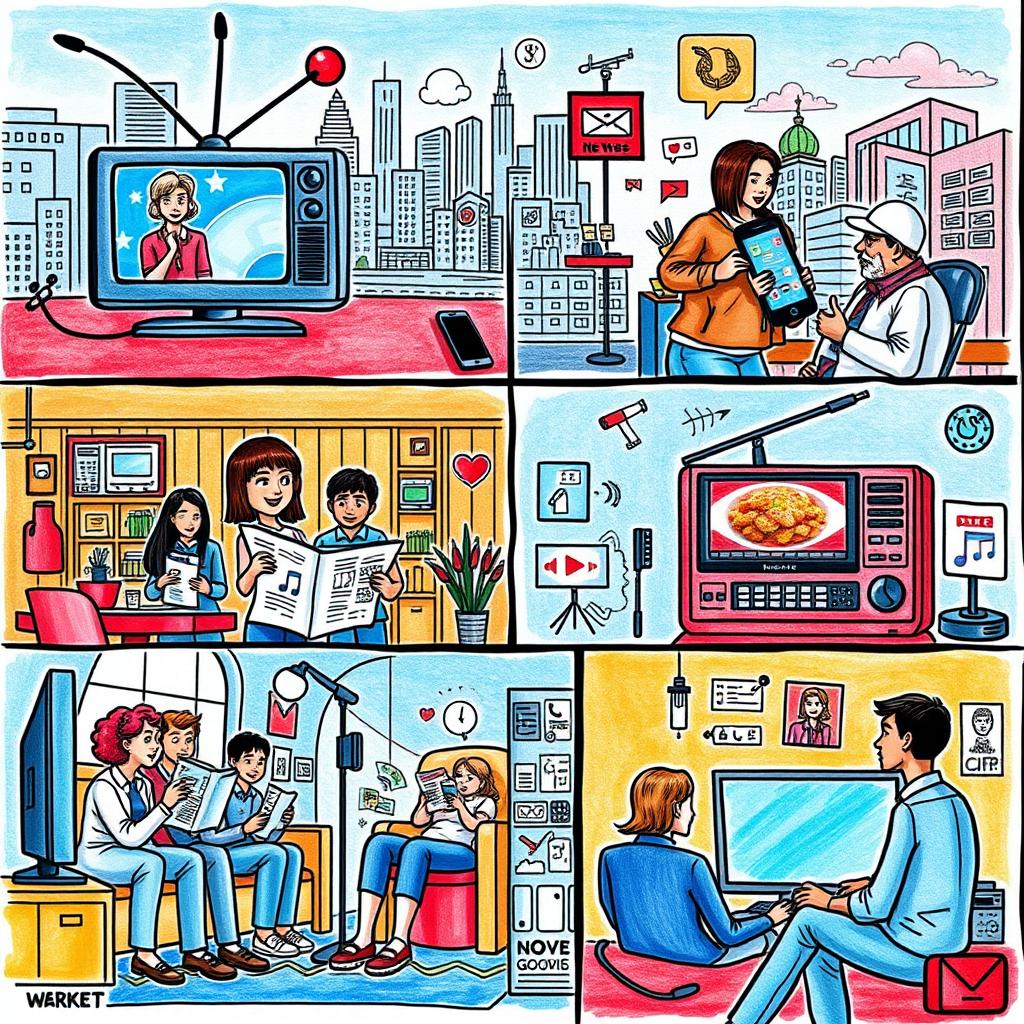 A conceptual drawing depicting how different types of media influence everyday life
