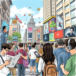 A conceptual drawing illustrating how various types of media impact everyday life