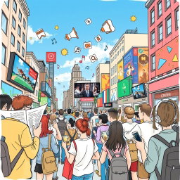 A conceptual drawing illustrating how various types of media impact everyday life