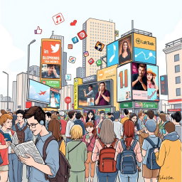 A conceptual drawing illustrating how various types of media impact everyday life