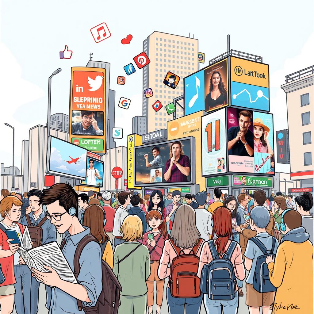 A conceptual drawing illustrating how various types of media impact everyday life