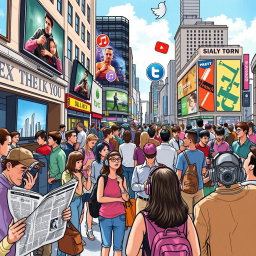 A conceptual drawing illustrating how various types of media impact everyday life