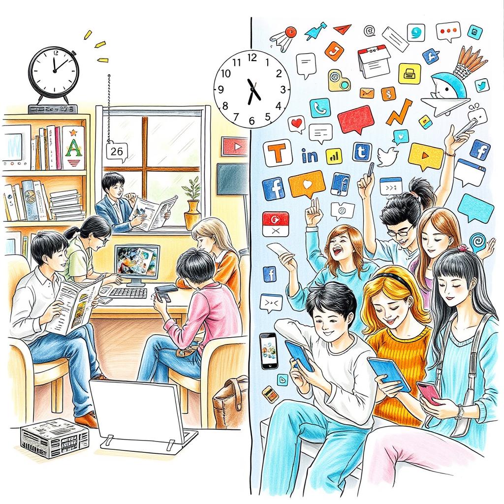 A conceptual drawing illustrating the impact of various types of media on everyday life