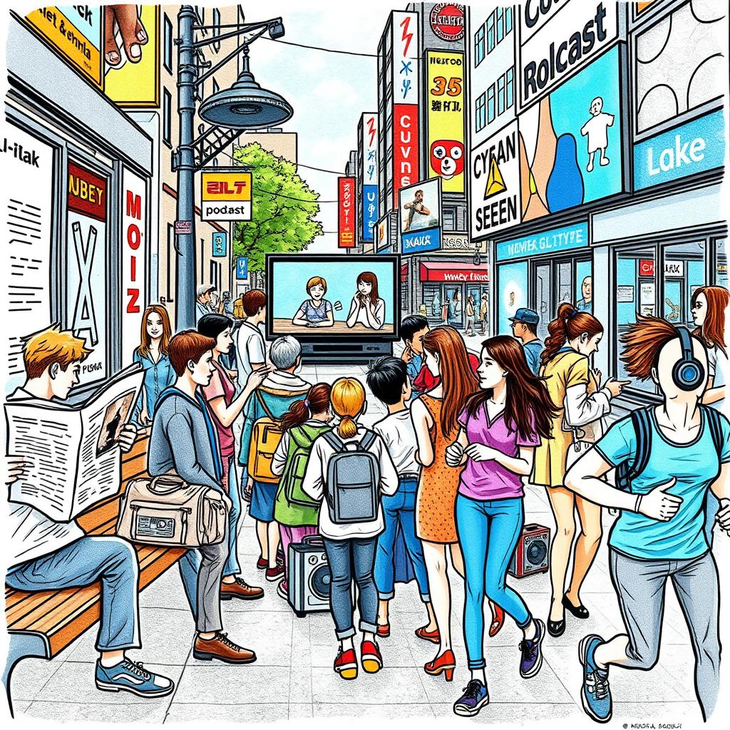 A detailed and colorful drawing depicting various types of media in everyday life