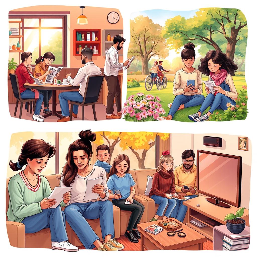 A detailed and informative illustration depicting three distinct types of media: newspapers, social media on smartphones, and television