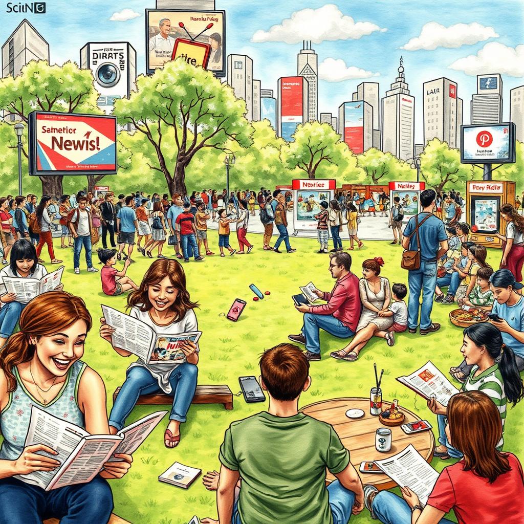 A detailed and imaginative drawing illustrating the impact of various types of media on the everyday life of people
