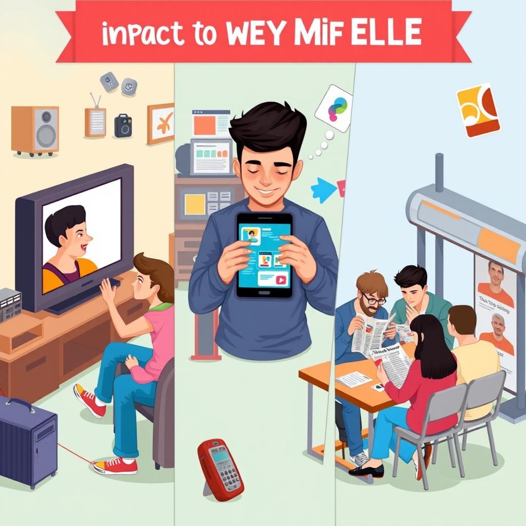 An illustration showcasing the impact of various types of media on everyday life, divided into sections for clarity