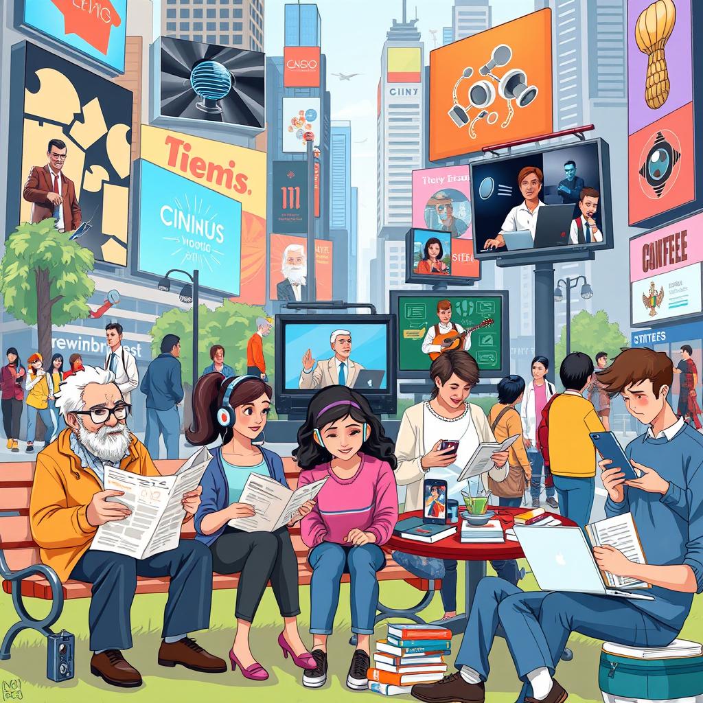 A vibrant illustration depicting various types of media in everyday life, showcasing the impact of traditional media like newspapers, radio, and television alongside modern media such as smartphones, social media, and streaming services
