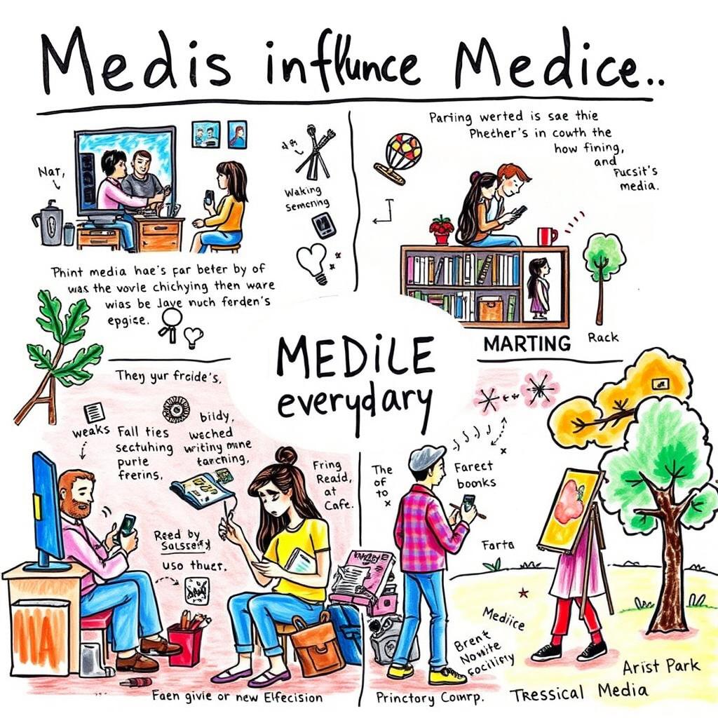 A detailed drawing or sketch illustrating how different types of media influence everyday life, featuring diverse scenes: a family watching television in their living room, a group of friends using smartphones at a café, a student reading a book at a library, and an artist painting in a park