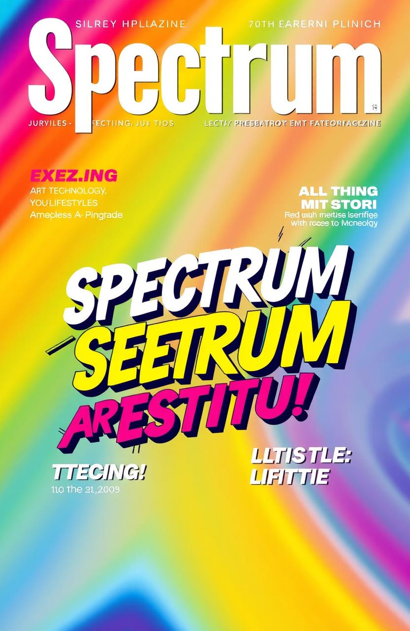 A vibrant and colorful magazine cover titled 'Spectrum', featuring a stylish and modern design