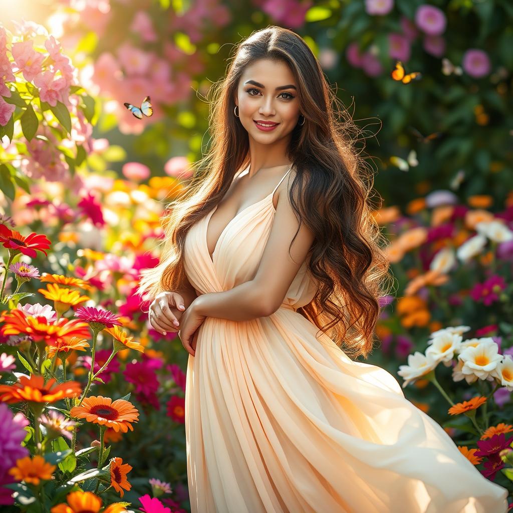 A stunning portrait of a fierce yet elegant woman standing in a lush garden full of vibrant flowers