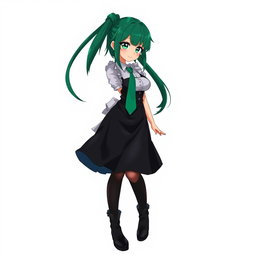 A full-body anime character with emerald eyes and black eyeshadow