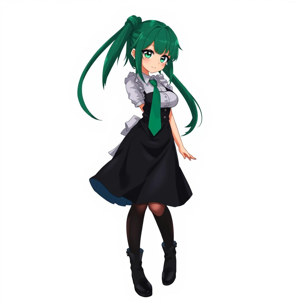 A full-body anime character with emerald eyes and black eyeshadow