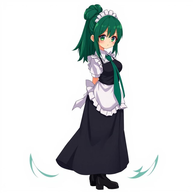A full-body anime character with emerald eyes and black eyeshadow