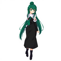 A full-body anime character with emerald eyes and black eyeshadow