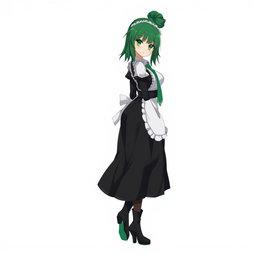 A full-body anime character with emerald eyes and black eyeshadow