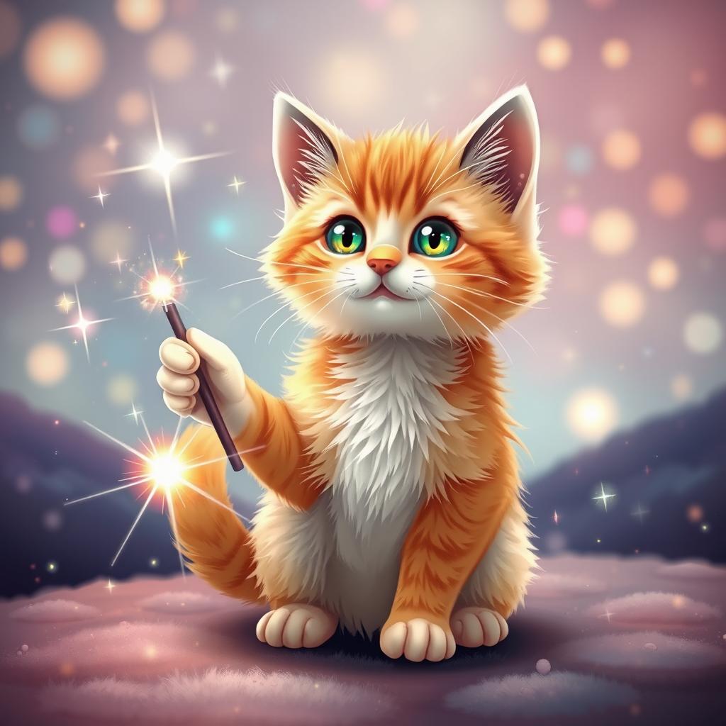 A whimsical scene featuring a cute cat, sitting upright and holding a sparkling magic wand with its paw