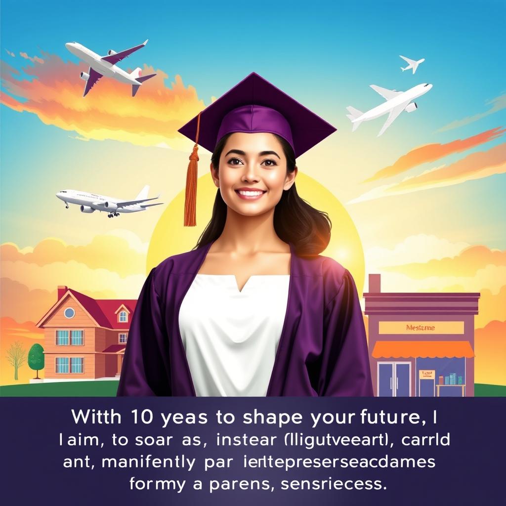 A motivational poster depicting a young woman in a graduation cap and gown, standing with confidence against a vibrant sky that represents her ambitions