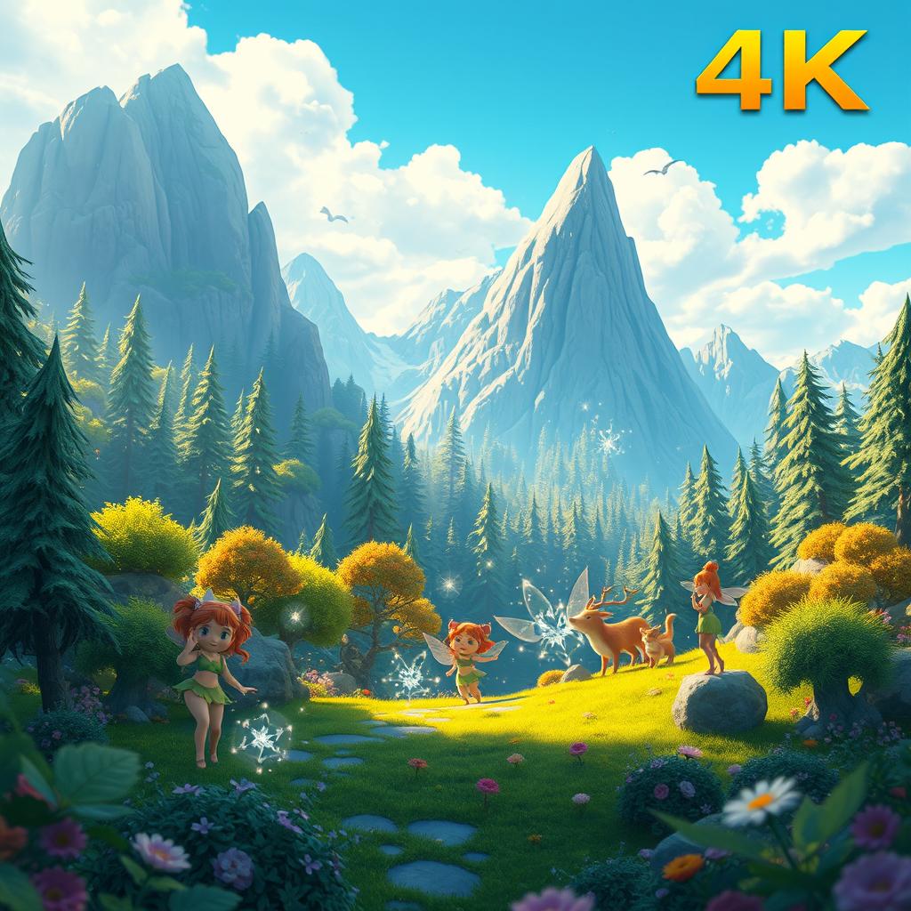 A visually stunning animated scene showcasing a vibrant fantasy landscape with lush forests, towering mountains, and a clear blue sky, all rendered in high-quality 4K
