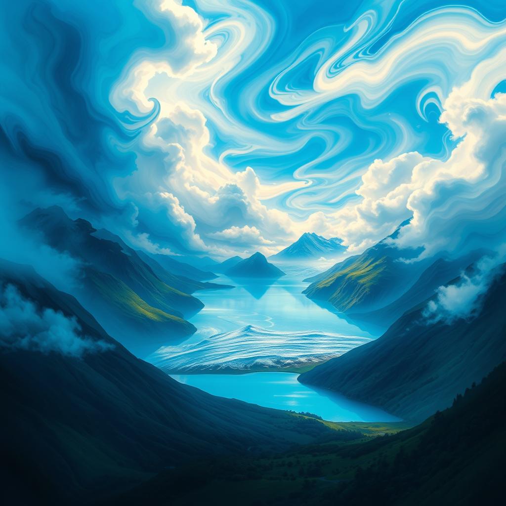 A beautiful and intriguing abstract landscape with swirling clouds and vibrant colors, featuring deep blues and bright whites