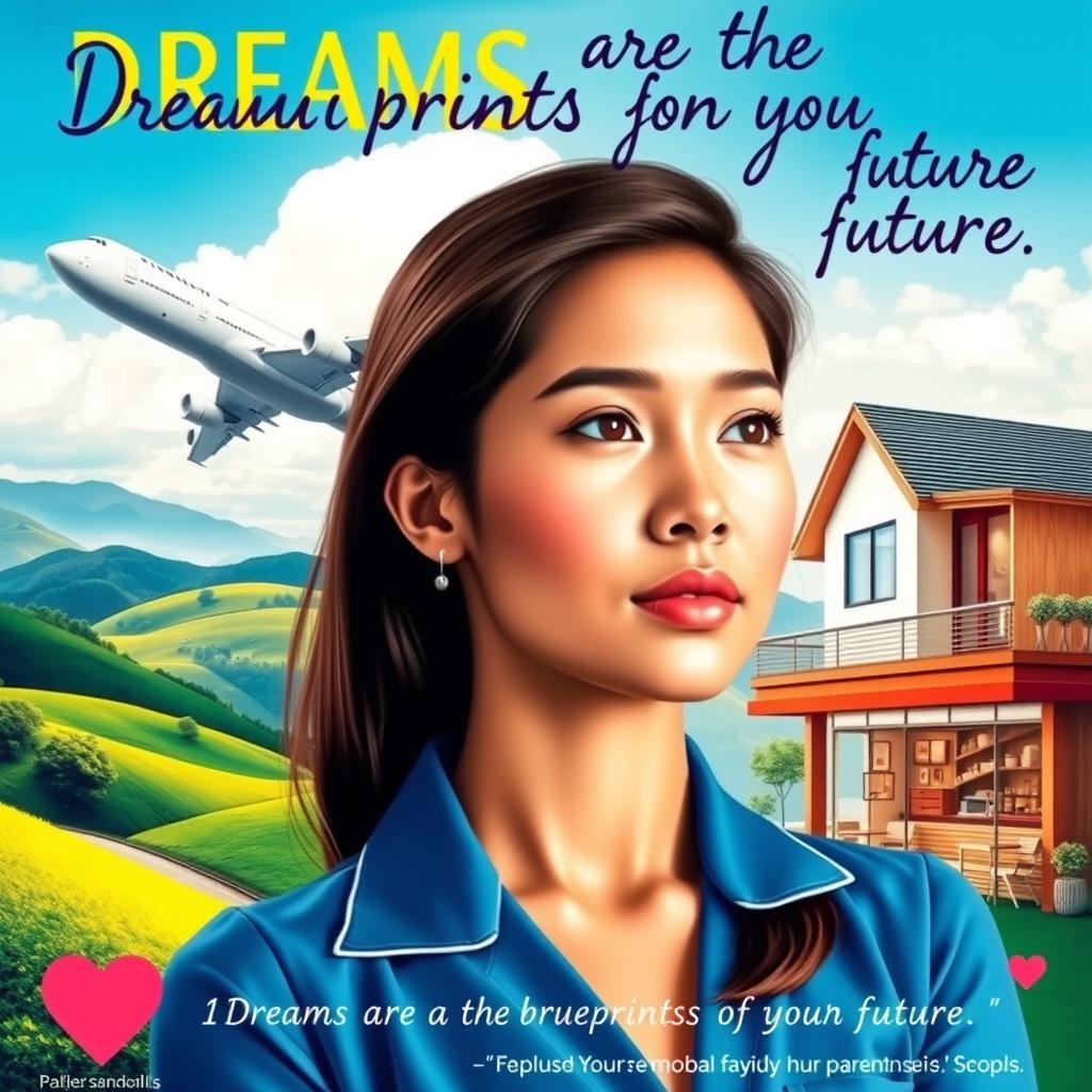 A vibrant and inspirational poster featuring a young woman looking determined and hopeful