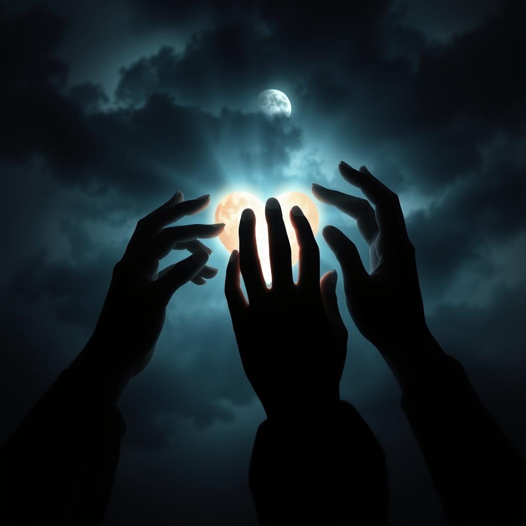 A mystical scene depicting a gothic fantasy landscape where shadows manifest as hands stretching towards a heart glowing with ethereal light