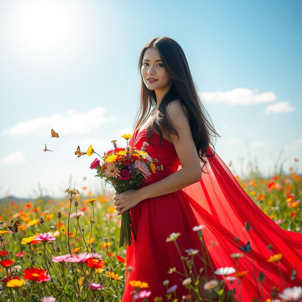 A beautiful female model with long dark hair, wearing a flowing red gown, standing in a vibrant field of wildflowers under a bright blue sky