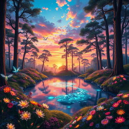 A breathtaking fantasy landscape featuring a vibrant magical forest filled with luminescent flowers and tall, ancient trees