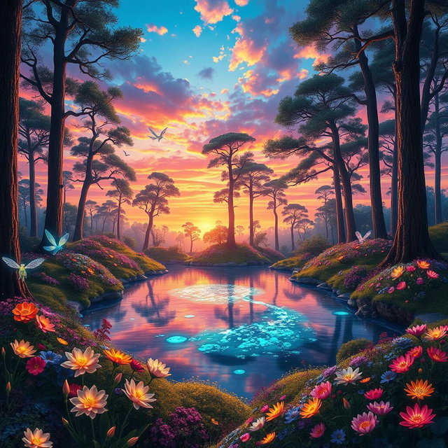 A breathtaking fantasy landscape featuring a vibrant magical forest filled with luminescent flowers and tall, ancient trees