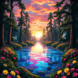 A breathtaking fantasy landscape featuring a vibrant magical forest filled with luminescent flowers and tall, ancient trees