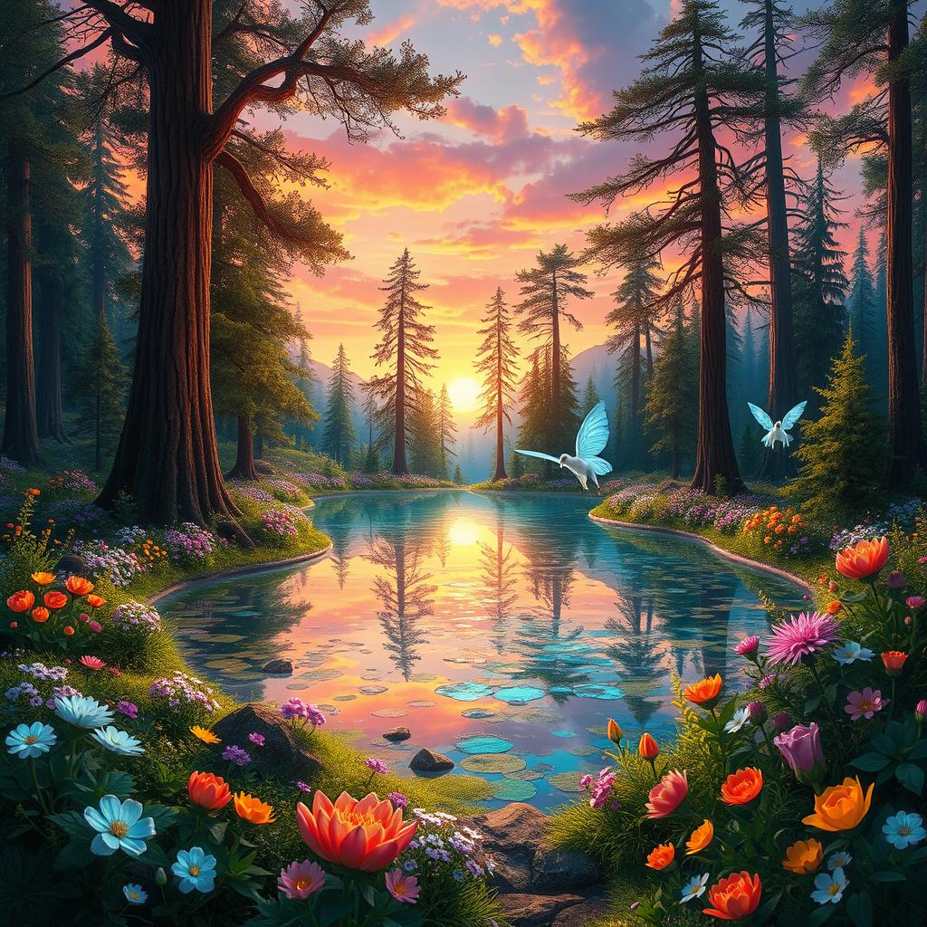 A breathtaking fantasy landscape featuring a vibrant magical forest filled with luminescent flowers and tall, ancient trees