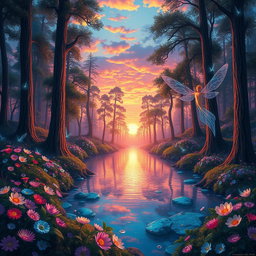 A breathtaking fantasy landscape featuring a vibrant magical forest filled with luminescent flowers and tall, ancient trees