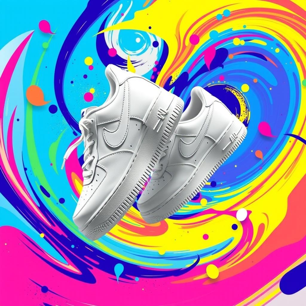 A striking abstract design featuring a pair of white Nike Air Force 1 sneakers, floating gracefully on a colorful, swirling background of vibrant shapes and patterns