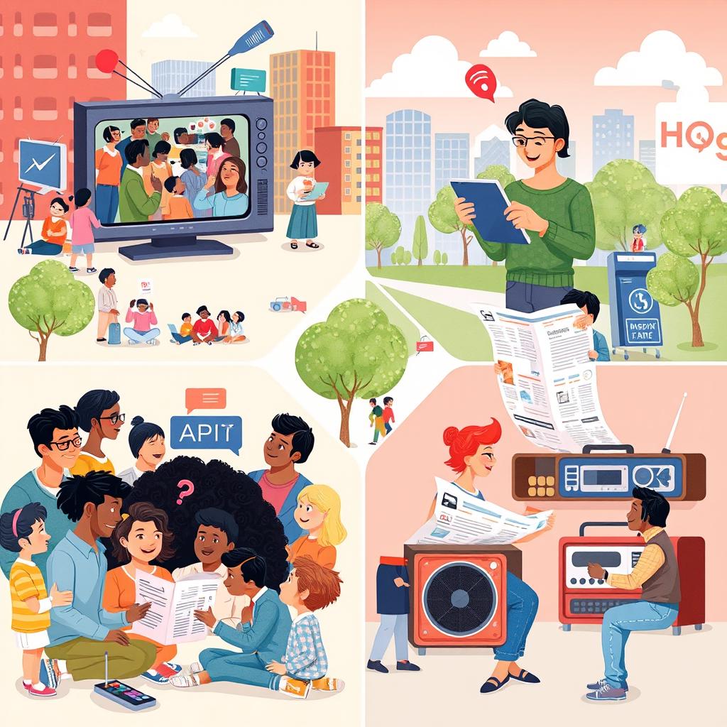 A conceptual illustration showcasing various types of media and their impact on everyday life