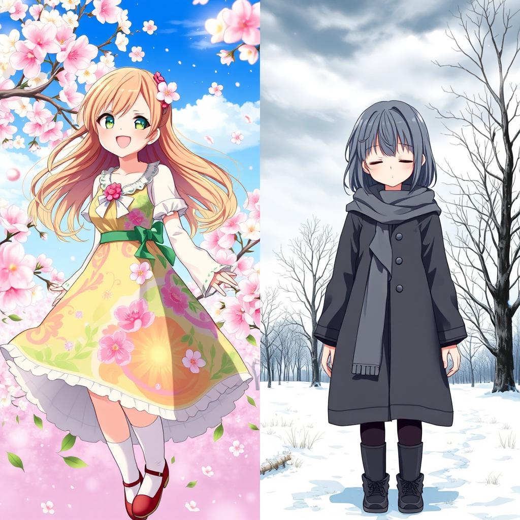 A picturesque scene depicting two girls side by side in contrasting seasons