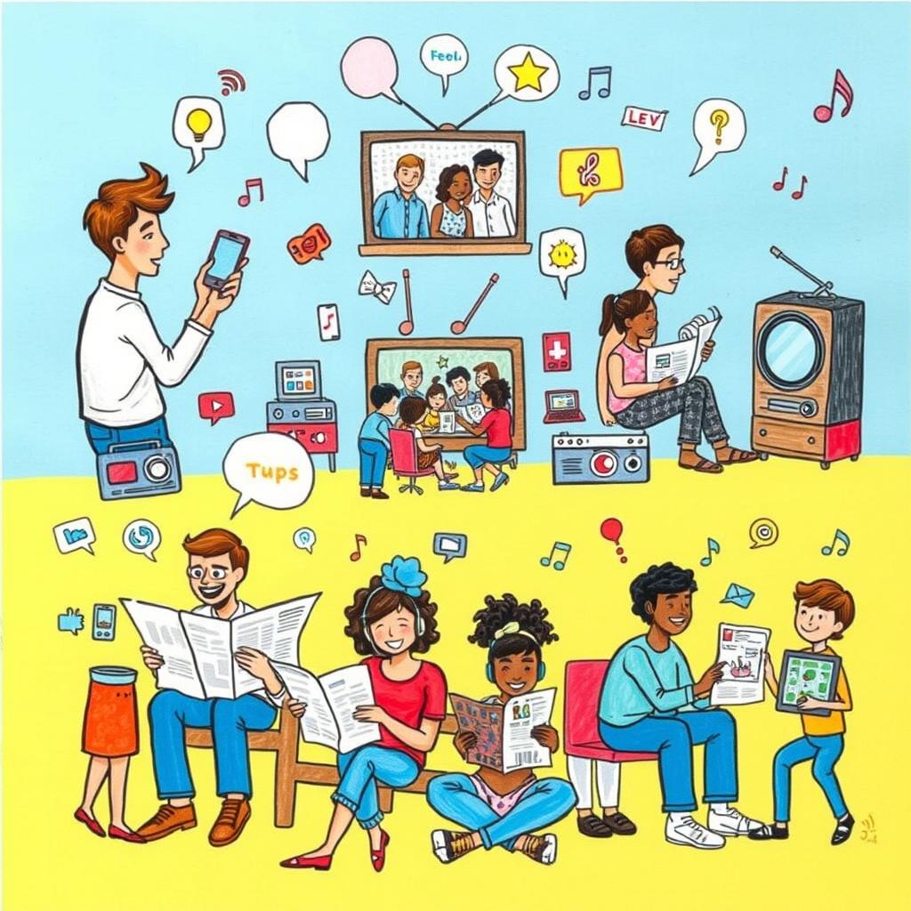 A detailed and visually engaging drawing depicting various types of media such as social media, television, newspapers, radio, and online streaming, showcasing how each medium influences everyday life