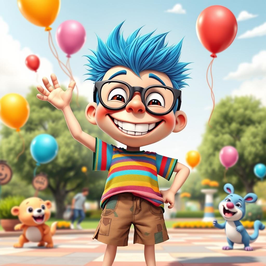 A funny cartoon boy character with a large exaggerated head and big goofy glasses, wearing a colorful striped t-shirt and mismatched shorts